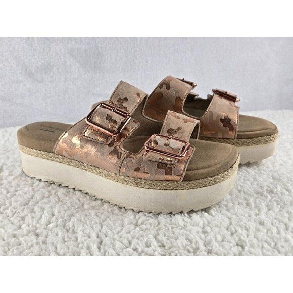 Clarks Ultimate Comfort Slide Sandal Platform Pink Gold Camouflage Leather Upper - Picture 1 of 16